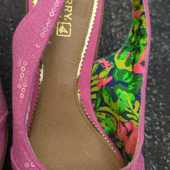 Sperry Topsider 7m Cork Wedge Pink Sequin High Heel - Picture 5 of 9